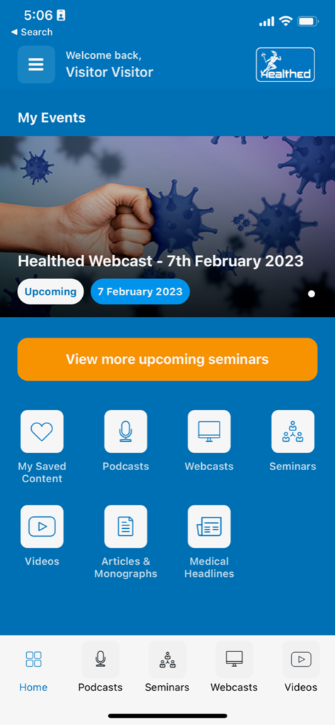 Healthed - Healthed app dashboard showing medical education resources and upcoming seminars for health professionals