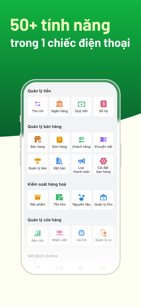 Sổ Bán Hàng: Quản lý toàn diện - Interfaccia dell'app mobile di Sổ Bán Hàng che mostra vari strumenti di gestione aziendale inclusi vendite, inventario e monitoraggio finanziario in vietnamita