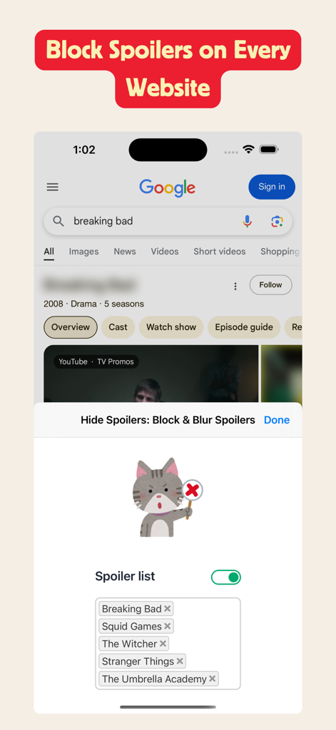 Oberfläche der Hide Spoilers-App, die verwischte Google-Suchergebnisse für Breaking Bad und eine Liste von zu blockierenden Schlüsselwörtern wie Squid Games und Stranger Things zeigt.