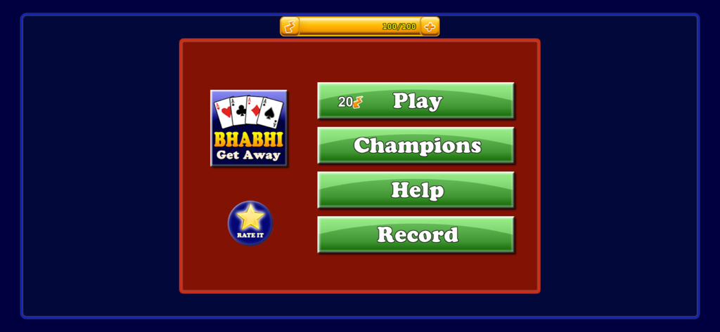 Card Game Bhabhi Get Away - Main menu of the Bhabhi Get Away card game mobile app