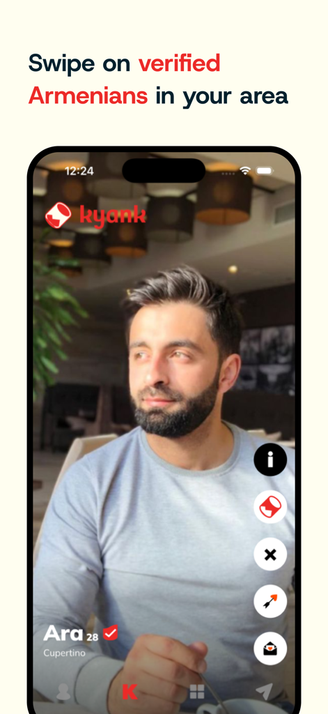 A profile of an Armenian man on the Kyank dating app with swipe options