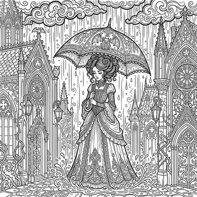 Step into a world where gothic grandeur meets a dramatic downpour with this exquisite adult coloring page. Prepare to lose yourself in the intricate details of a sophisticated scene, perfect for advanced colorists.