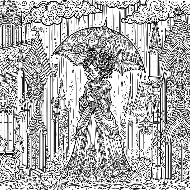 Step into a world where gothic grandeur meets a dramatic downpour with this exquisite adult coloring page. Prepare to lose yourself in the intricate details of a sophisticated scene, perfect for advanced colorists.