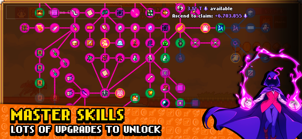 Idle Slayer - Captura de tela do jogo Idle Slayer mostrando a árvore de melhorias de habilidades mestras complexa e um personagem herói com uma capa roxa.