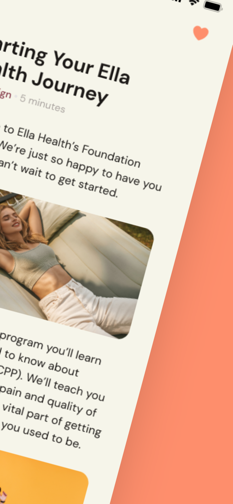Introductory screen of the Ella Health app titled Starting Your Ella Health Journey featuring a woman relaxing outdoors.