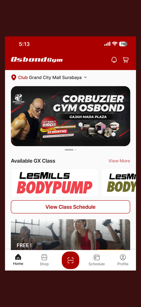 Osbond Gym - Osbond Gym mobile app home interface showing class schedules and gym promotions