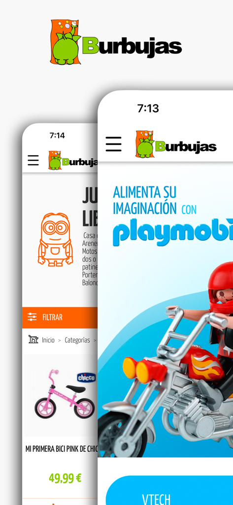 Burbujastoys - Burbujas Toys mobile app interface showing toy catalog listings and Playmobil promotional banner