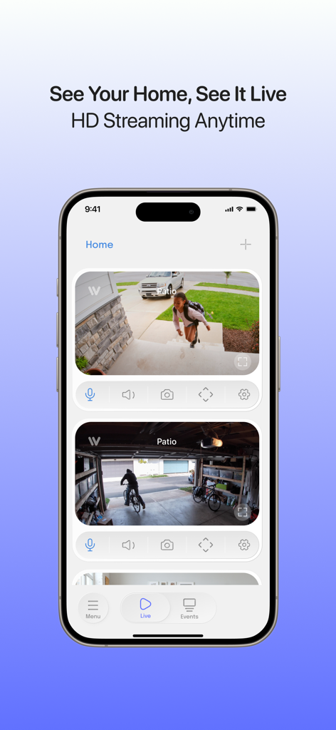 Luna AI - A smartphone screen displaying the Luna AI app interface with multiple live HD video feeds from home security cameras.