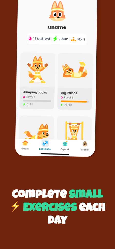 Gamified Workouts: Snapfit - Snapfit app interface showing a list of micro-exercises with XP levels and a cute fox mascot.