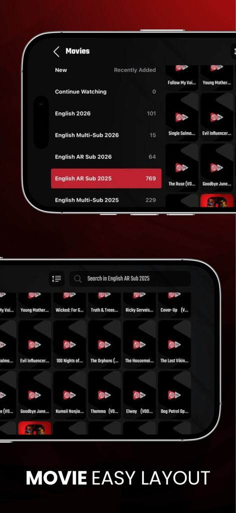 IBO PLAYER - IBO Player mobile App-Oberfläche, die eine Filmbibliothek mit Kategorien und Poster-Raster anzeigt