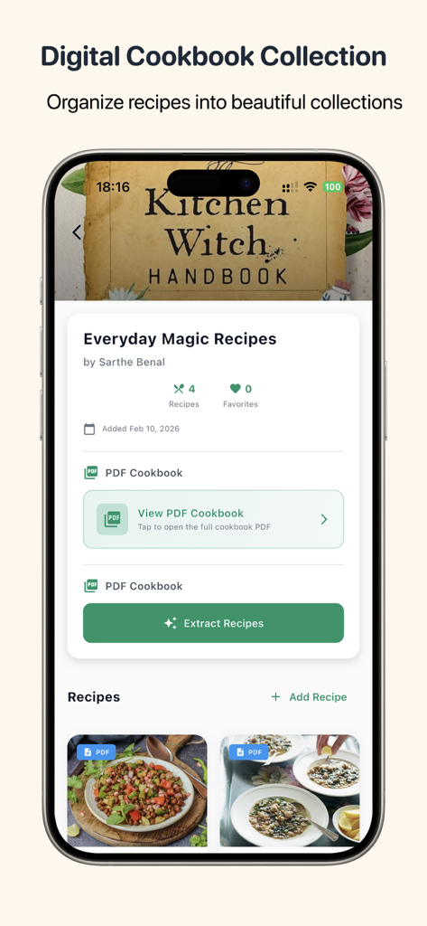 Clove Cook - Recipe Organizer - Clove Cook app interface showing a digital cookbook collection with options to view and extract recipes from PDF cookbooks.