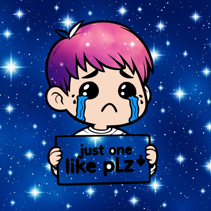 realistic crying boy with a sign saying just one like plz