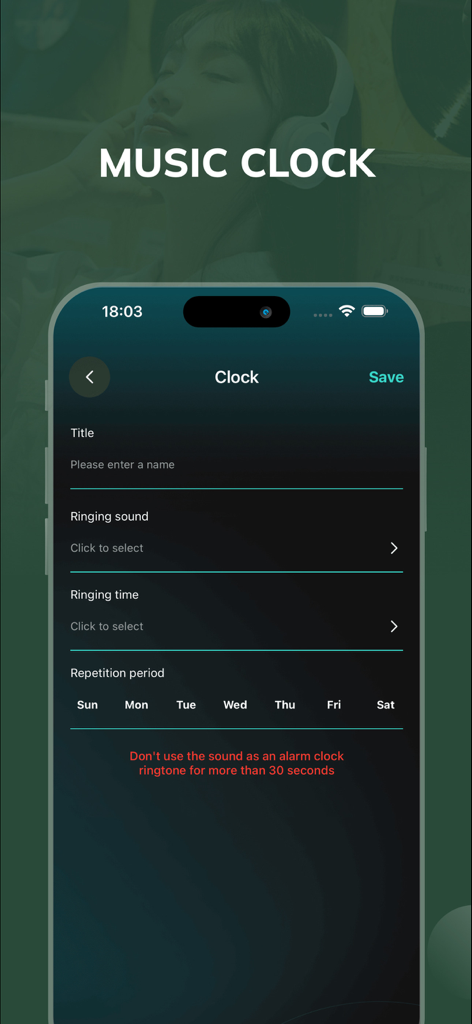 Wakee app music clock settings screen for customizing alarm sounds and schedules