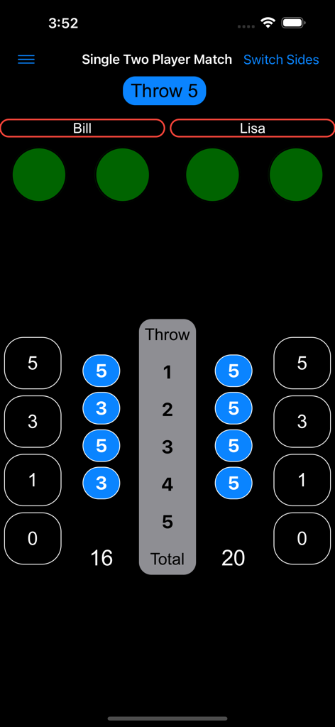 Axe Tracker app interface for a two player match showing throw scores and totals for Bill and Lisa