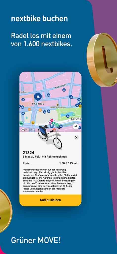 LeipzigMOVE App-Oberfläche zur Buchung eines Nextbike Fahrrads