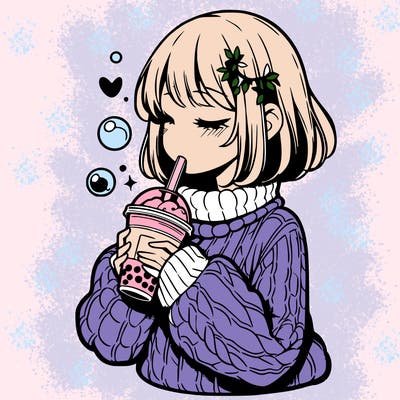 manga girl drinking boba in cozy sweater
