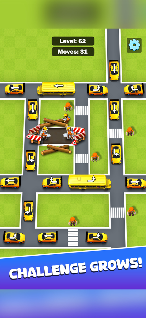 Car Slider: Clear the Roads - Vista de pájaro de un nivel de rompecabezas de tráfico con coches amarillos, autobuses escolares y obstáculos de construcción de carreteras