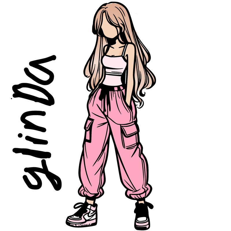 girl in baggy pants crop top and long hair