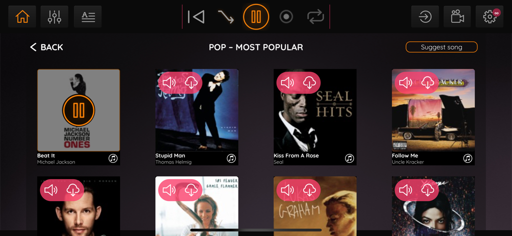 JamFactory - Multitrack Tunes - JamFactory app interface showing a selection of popular pop songs in the music library