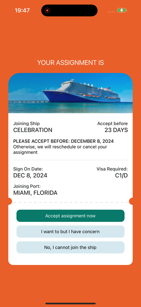 TMHub - Pantalla de asignación de barco de la tripulación de la aplicación TMHub para Carnival Celebration en Miami con opciones para aceptar o rechazar el contrato.