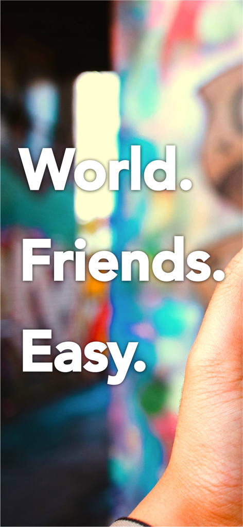 다채로운 흐릿한 배경에 'World Friends Easy' 텍스트가 있는 Weworld 앱 홍보 화면