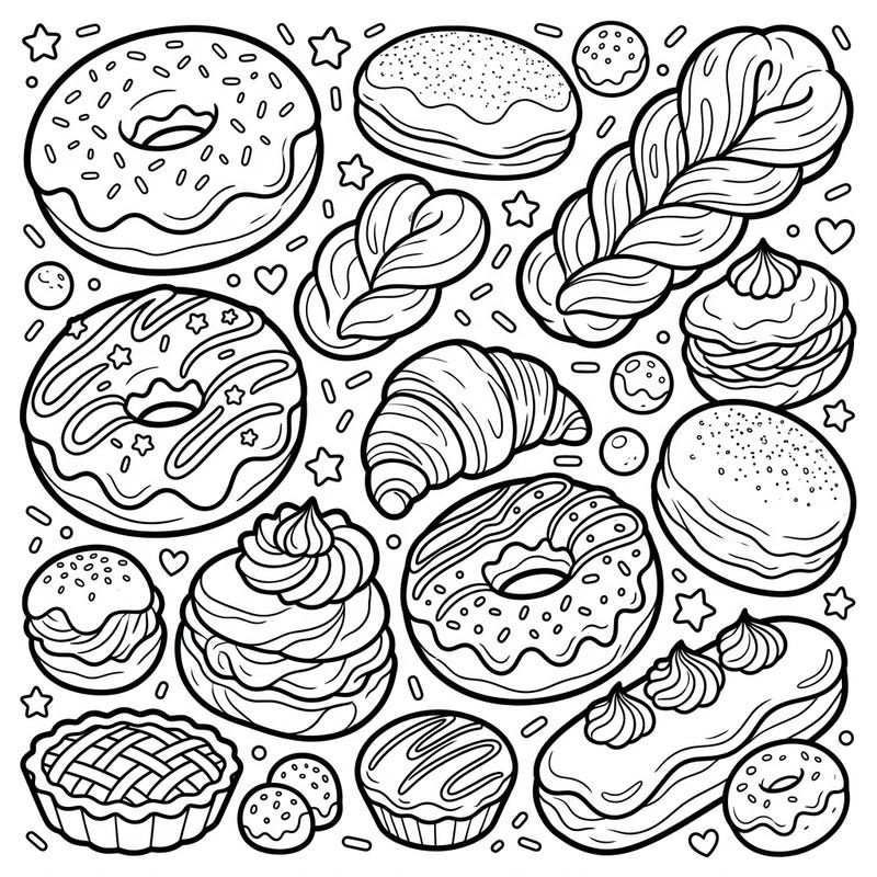 Indulge your little one's imagination with this delightful coloring page featuring an array of yummy doughnuts and pastries. Designed for kids aged 4-8, it offers bold outlines and charming details for a fun and engaging creative experience.