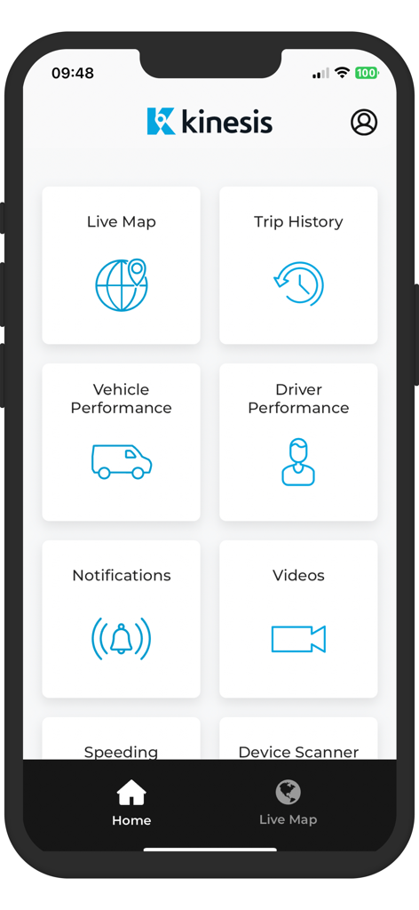 Kinesis - Kinesis mobile app home screen showing dashboard tiles for live map trip history and driver performance