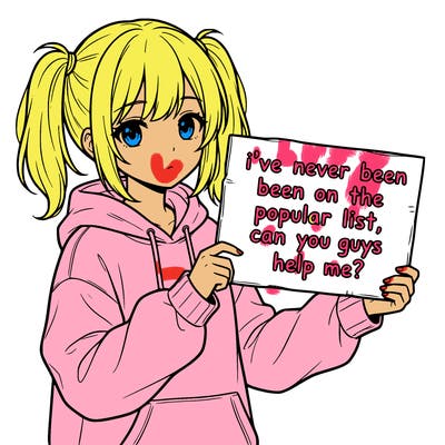 a cute anime girl with a sign saying  i’ve never been on the popular list, can you guys help me?