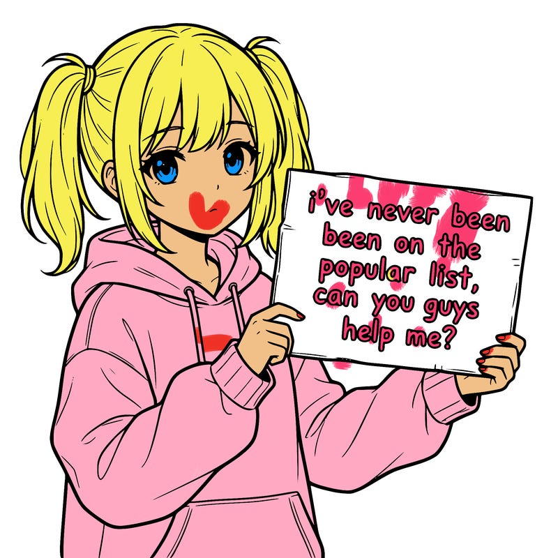 a cute anime girl with a sign saying  i’ve never been on the popular list, can you guys help me?