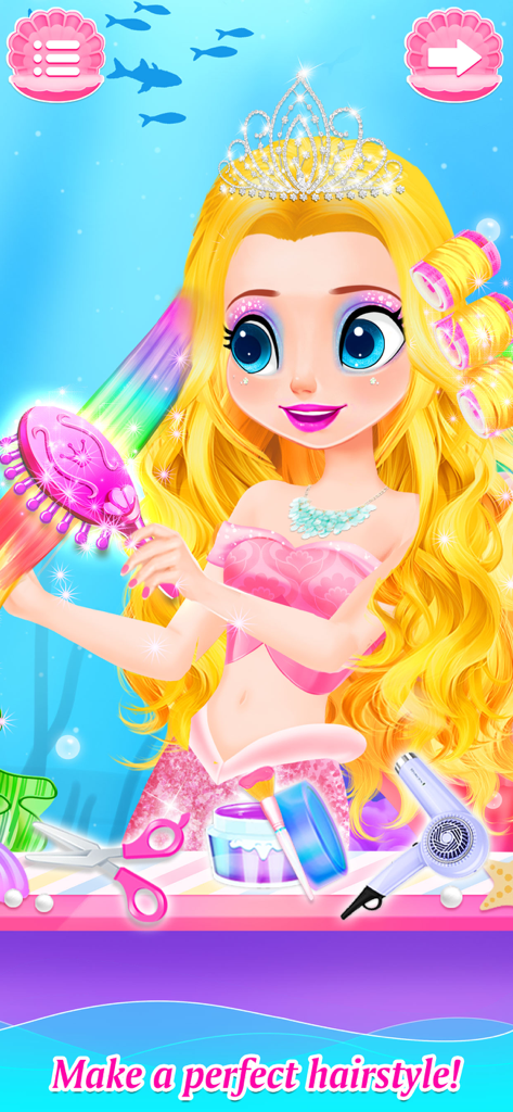 Princess Mermaid Makeup Games - A blonde mermaid princess getting a rainbow hairstyle with styling tools in an underwater salon.