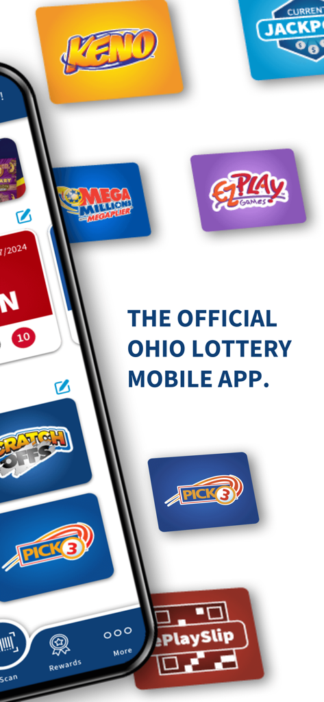 The official Ohio Lottery mobile app interface displaying various game icons including Keno and Mega Millions