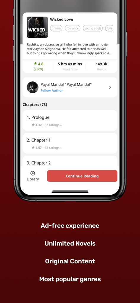 Pratilipi - Books and Stories - Pratilipiアプリのスクリーンショットに、ロマンス小説のストーリー概要、章リスト、作者の詳細が表示されている