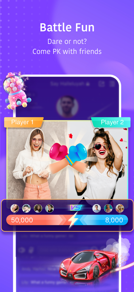 Hello Yo – Group Chat Rooms - Two users in a head-to-head PK battle on the Hello Yo group voice chat app showing scores and participants.