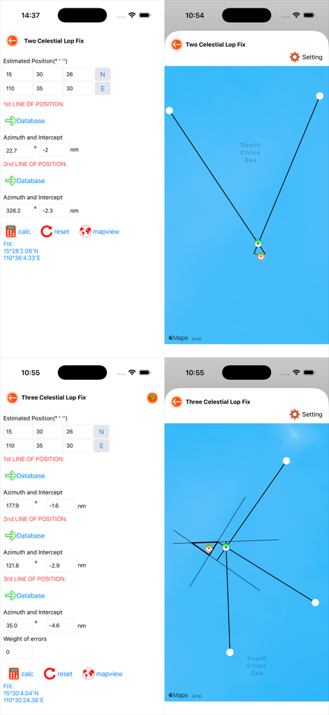 Nautical Calculator 앱의 스크린샷, 천체 위치선 계산 및 해상 항법을 위한 지도 보기 표시
