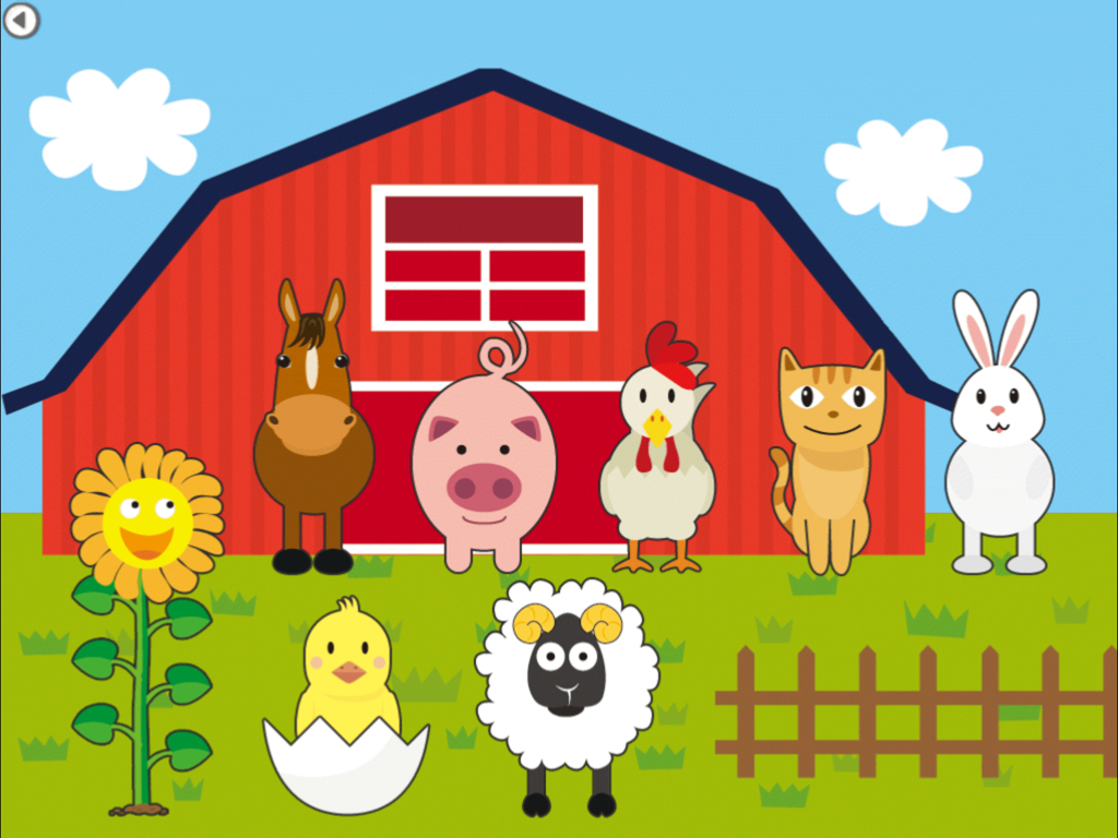 Injini app screenshot showing cartoon farm animals including a horse pig and chicken in front of a red barn