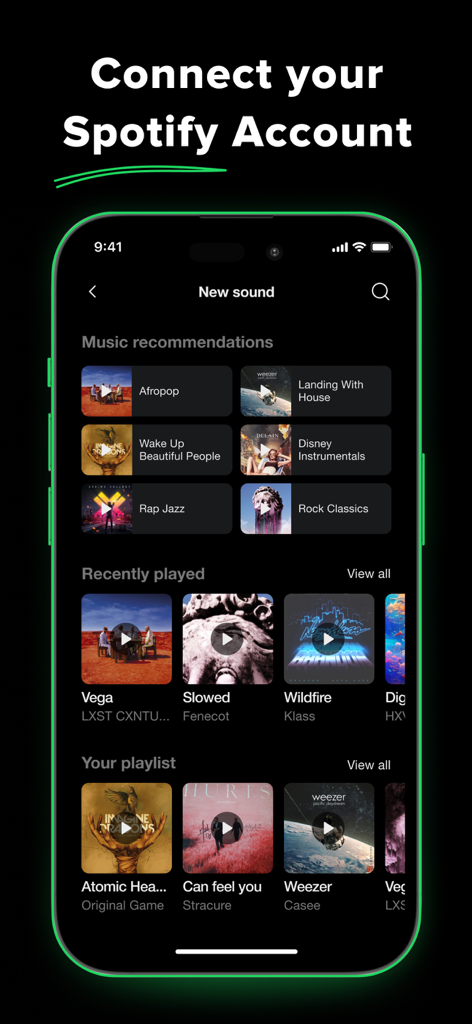 Interface for connecting a Spotify account and selecting music for an alarm in the app.