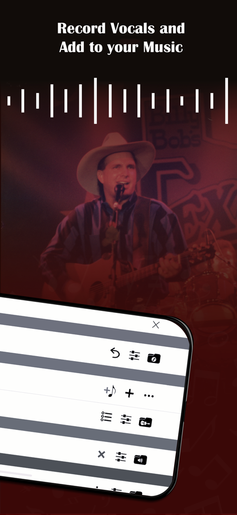 ORG 24: Your Music - Eine mobile Oberfläche, die Mehrspuraufnahmen und Gesangseingangsfunktionen für die ORG 24 Musik-App anzeigt
