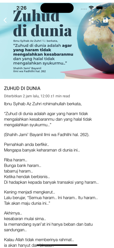 HijrahApp - Dakwah Sunnah - Screenshot of an article titled Zuhud di dunia in the HijrahApp mobile application