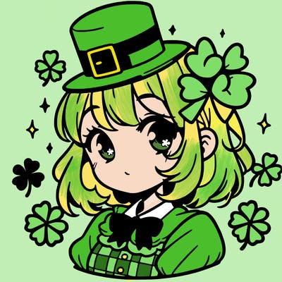 a manga-style girl with clovers around her, a little hat in her hair, like it's saint patrick's day