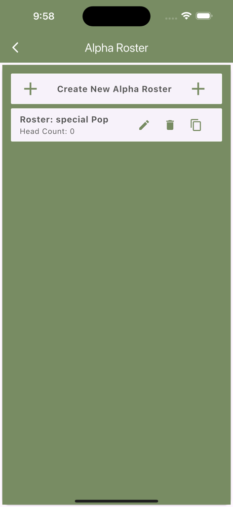 Army NCO Tools & Guide - Interface para gerenciar escalas Alpha militares dentro do aplicativo Ferramentas do NCO do Exército, mostrando uma lista de escalas e um botão de criação.