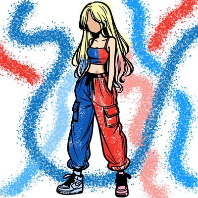 girl in baggy pants crop top and long hair