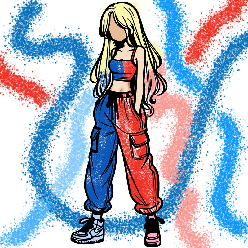 girl in baggy pants crop top and long hair