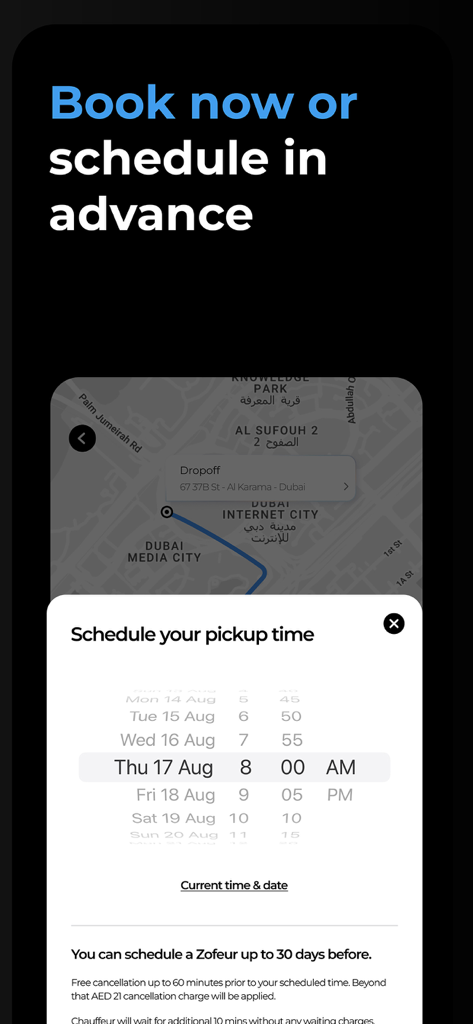 Zofeur - Hire a Safe Driver. - Zofeur app interface for scheduling a chauffeur pickup with a date and time picker.
