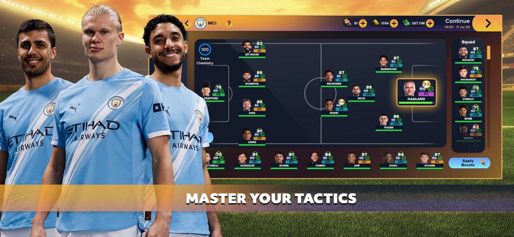 Soccer Manager 2026 tactical formation screen featuring Manchester City players and team ratings