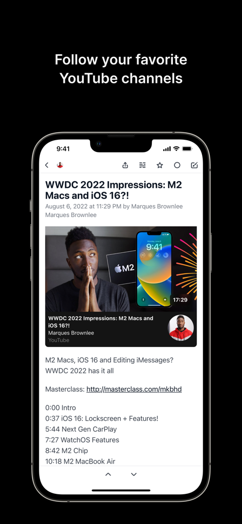 Feedbin app interface showing a YouTube video subscription feed on an iPhone