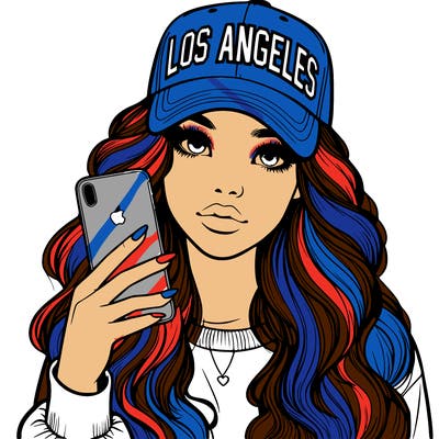 realistic beautiful girl wearing los ángeles cap holding an iphone
