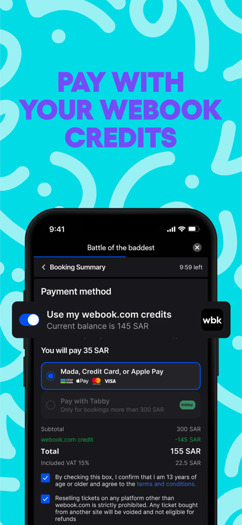 webook.com – fun things to do - Checkout screen on Webook app showing booking summary and option to pay with account credits.