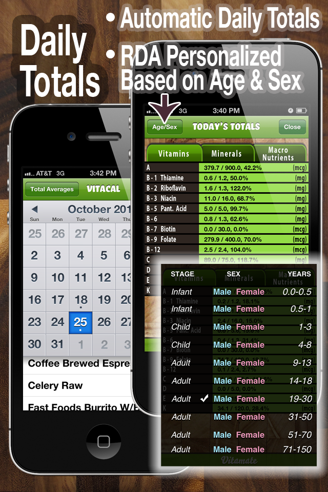 Vitamate: The Original Vitamin App - Screenshots der Vitamate-App, die tägliche Vitamintotalen und personalisierte RDI-Einstellungen basierend auf Alter und Geschlecht zeigen.