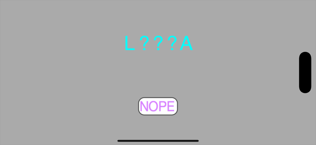 Minimalist gameplay screen of Letra word game showing a partially revealed word and a nope button
