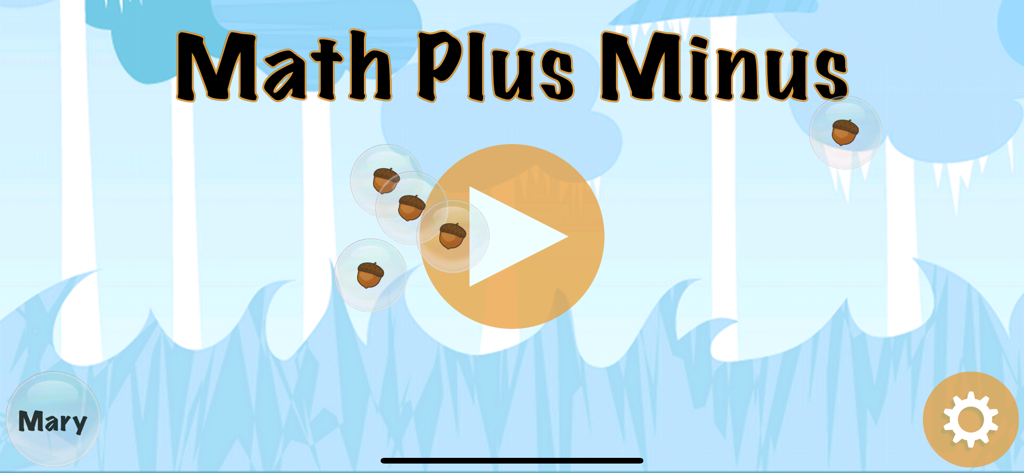 Maths Plus Minus - Arithmetic - Math Plus Minus 앱 홈 화면, 큰 재생 버튼과 거품 속 도토리 아이콘 포함